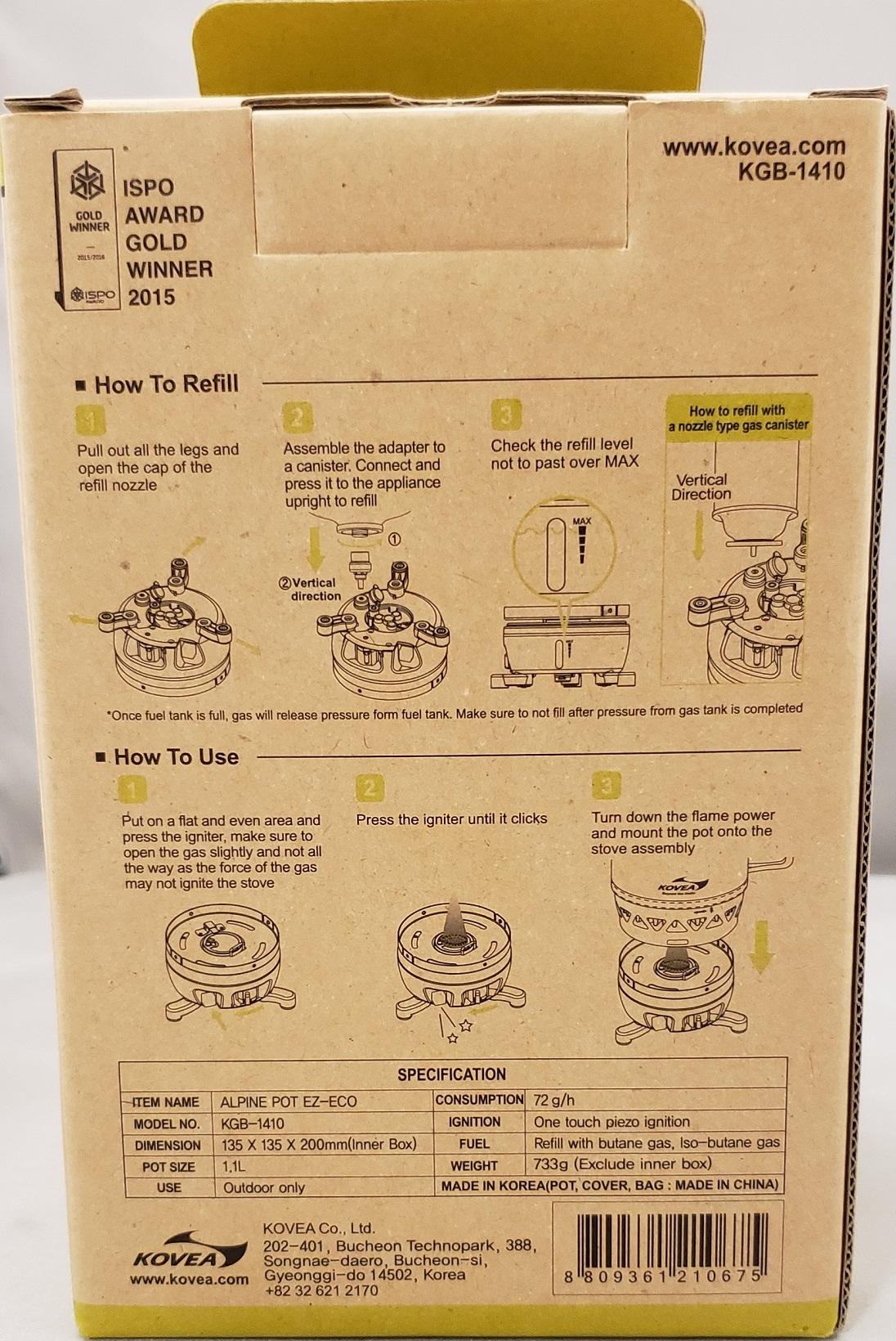 Kovea Alpine EZ-ECO 1L Pot/Lid & Refillable Gas Stove System w/Bag