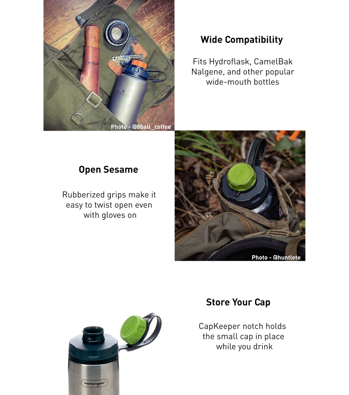 Human Gear CapCAP+ Narrow AND Wide Mouth Bottle Cap Nalgene CamelBak Green/Gray