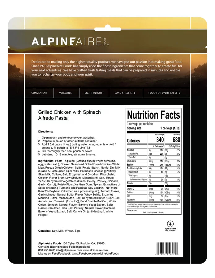 AlpineAire Grilled Chicken Spinach Alfredo Pasta Freeze Dried Camping Food 60305