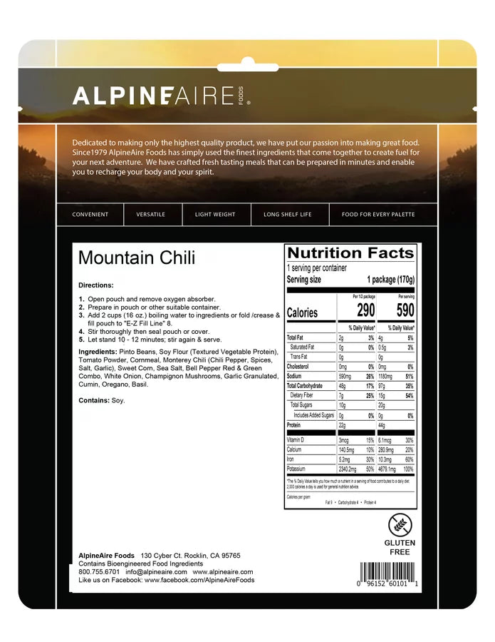 AlpineAire Mountain Chili w/Mushrooms & Peppers Freeze Dried Camping Food 60101