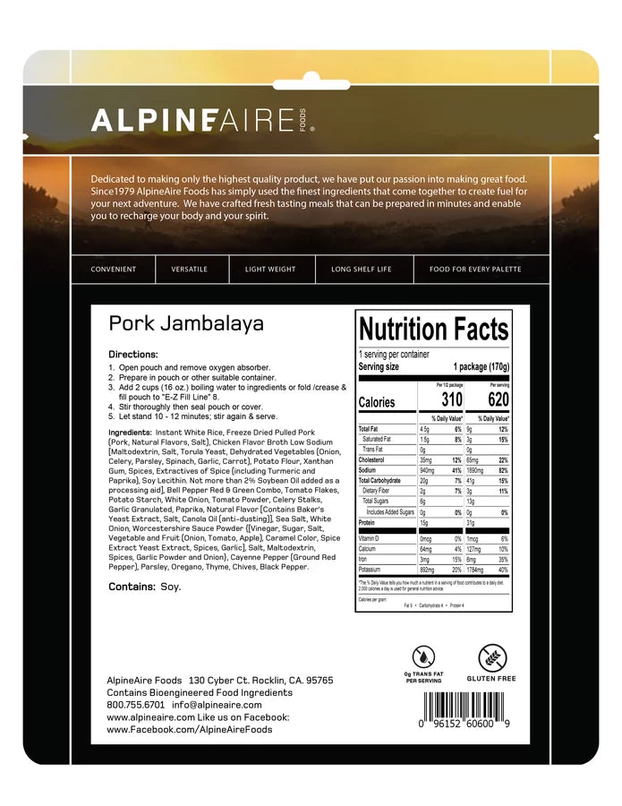 AlpineAire Spicy Pork Jambalaya w/Rice Freeze Dried Camping Food Pouch 60600