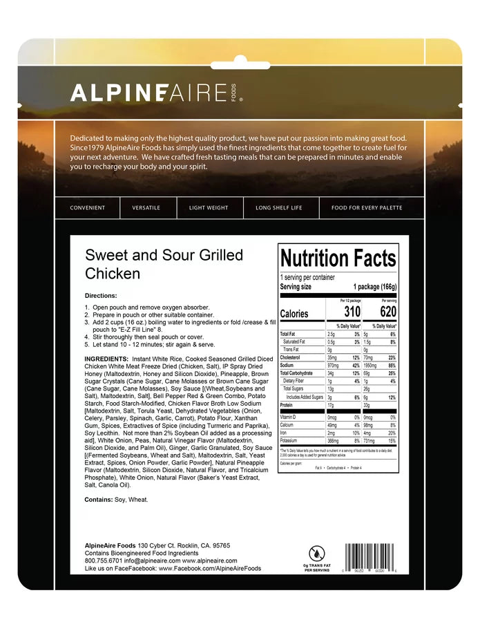 AlpineAire Sweet & Sour Grilled Chicken Freeze Dried Camping Food Pouch 60320