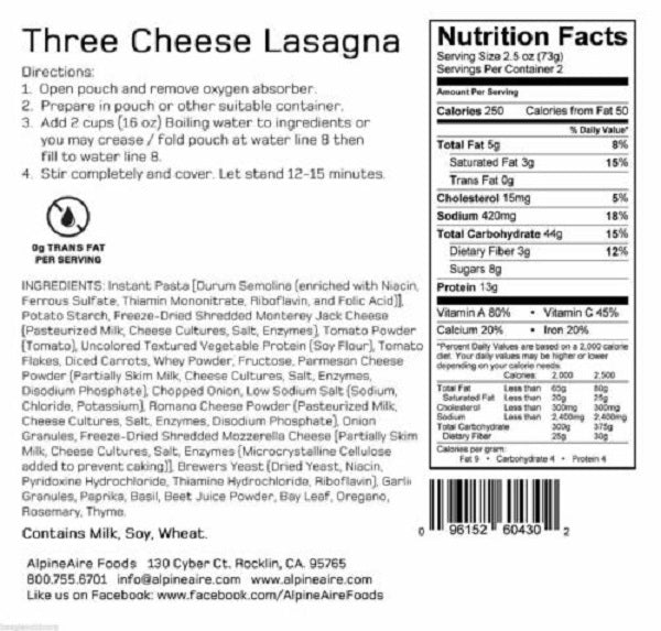 AlpineAire Classic Three Cheese Lasagna Freeze Dried Camping Food Pouch 60102