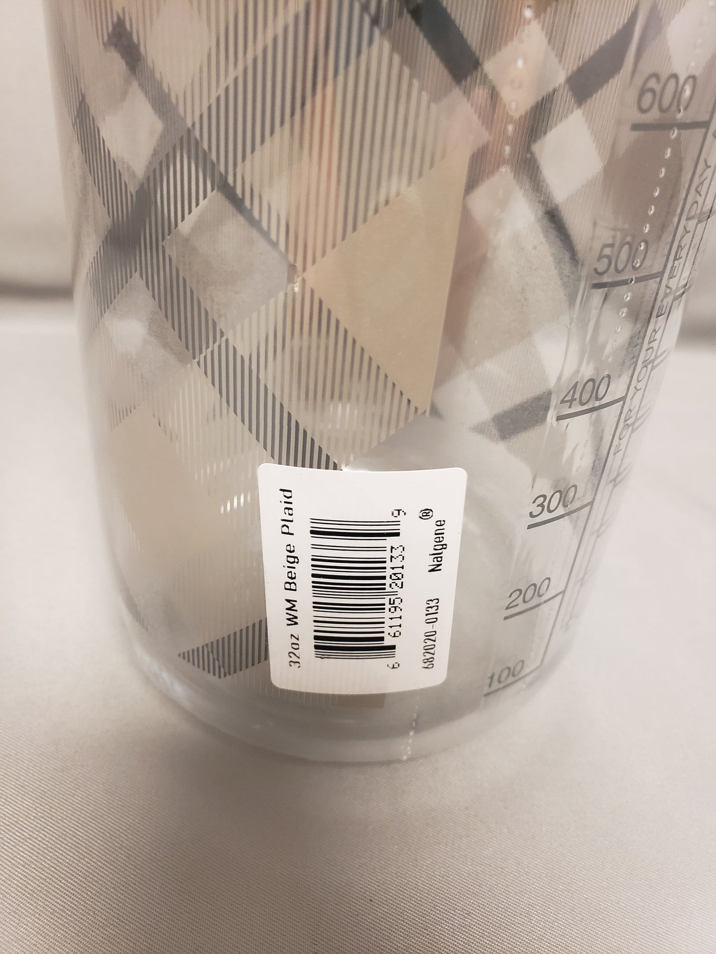 Nalgene Wide Mouth 32oz Bottle Beige Plaid with Black Cap