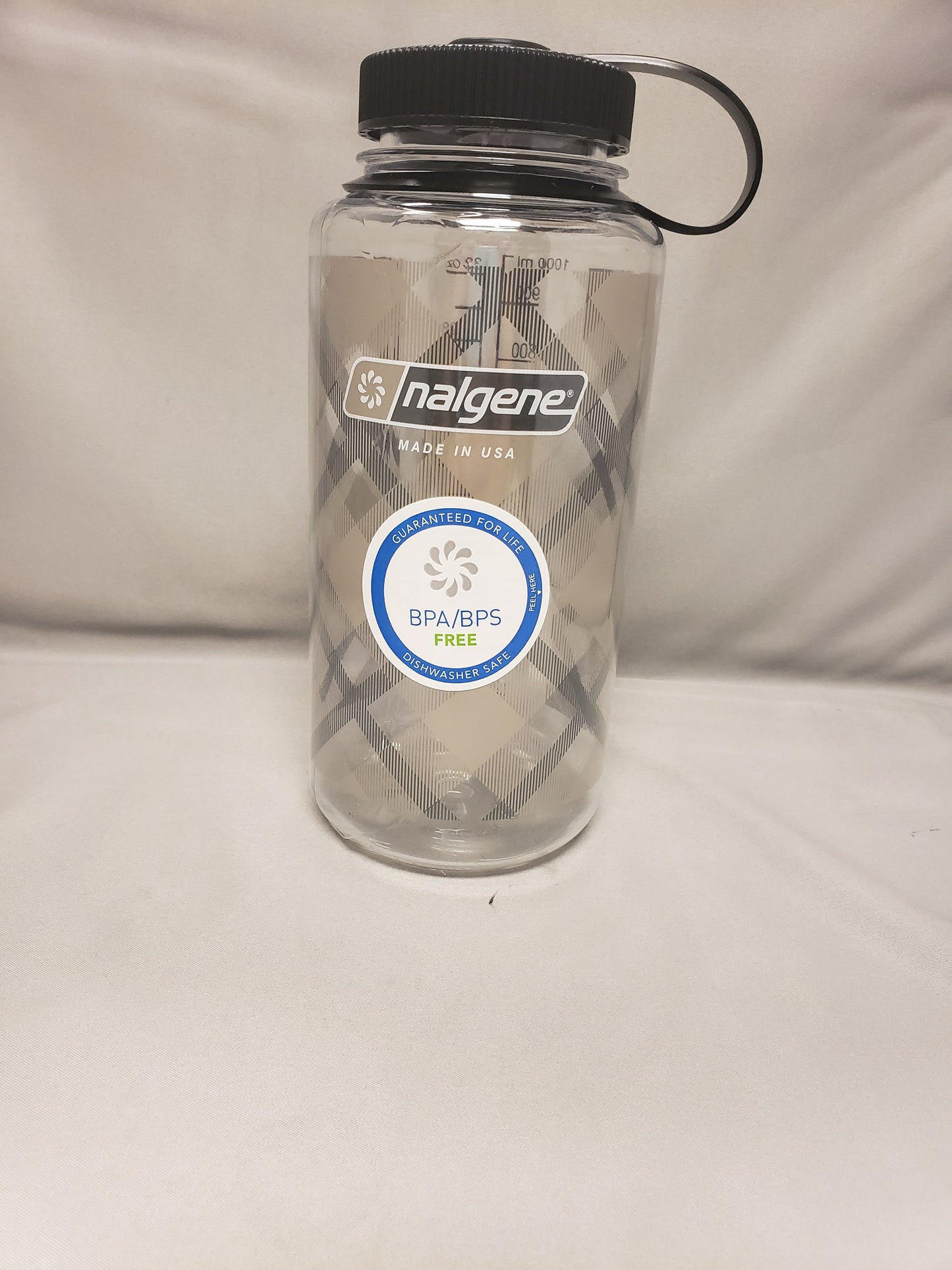 Nalgene Wide Mouth 32oz Bottle Beige Plaid with Black Cap
