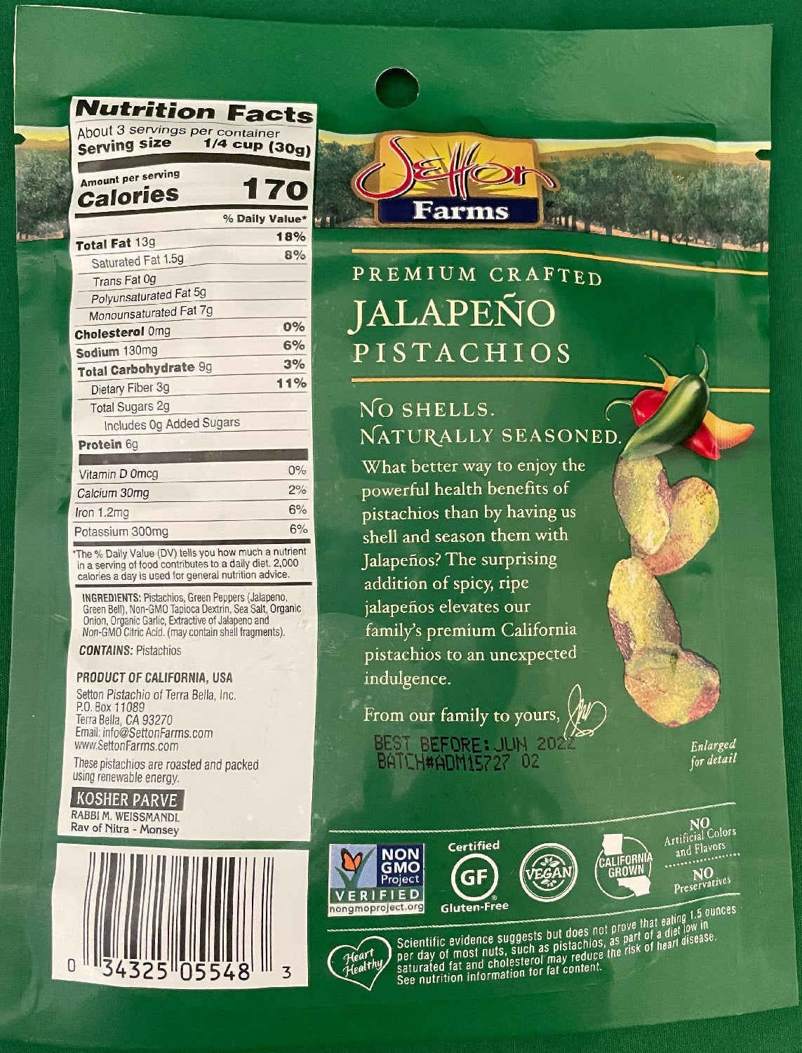 Setton Farms Pistachios Jalapeno Kernels 3 oz