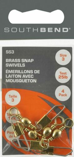 South Bend Fishing Snap Swivels, Solid Brass, Size 3, 25 LB Test, 4-Pack