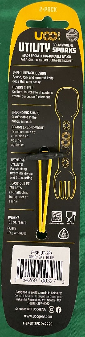 UCO Utility Spork Fork-Spoon-Knife Combo 7'' Utensil 2-Pack Gold / Rich Sky Blue