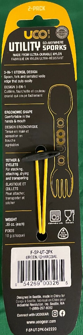 UCO Utility Spork Fork-Spoon-Knife Combo 7'' Utensil 2-Pack Camp Green / Charcoal