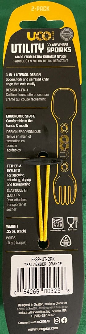UCO Utility Spork Fork-Spoon-Knife Combo 7'' Utensil 2-Pack Teal / Orange