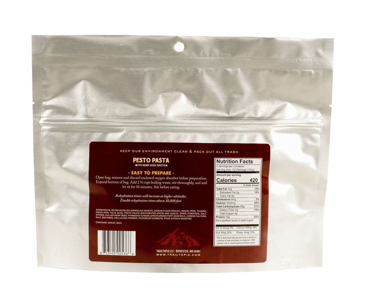 Trailtopia Pesto Pasta w/Hemp Seed Protein 2 Serving