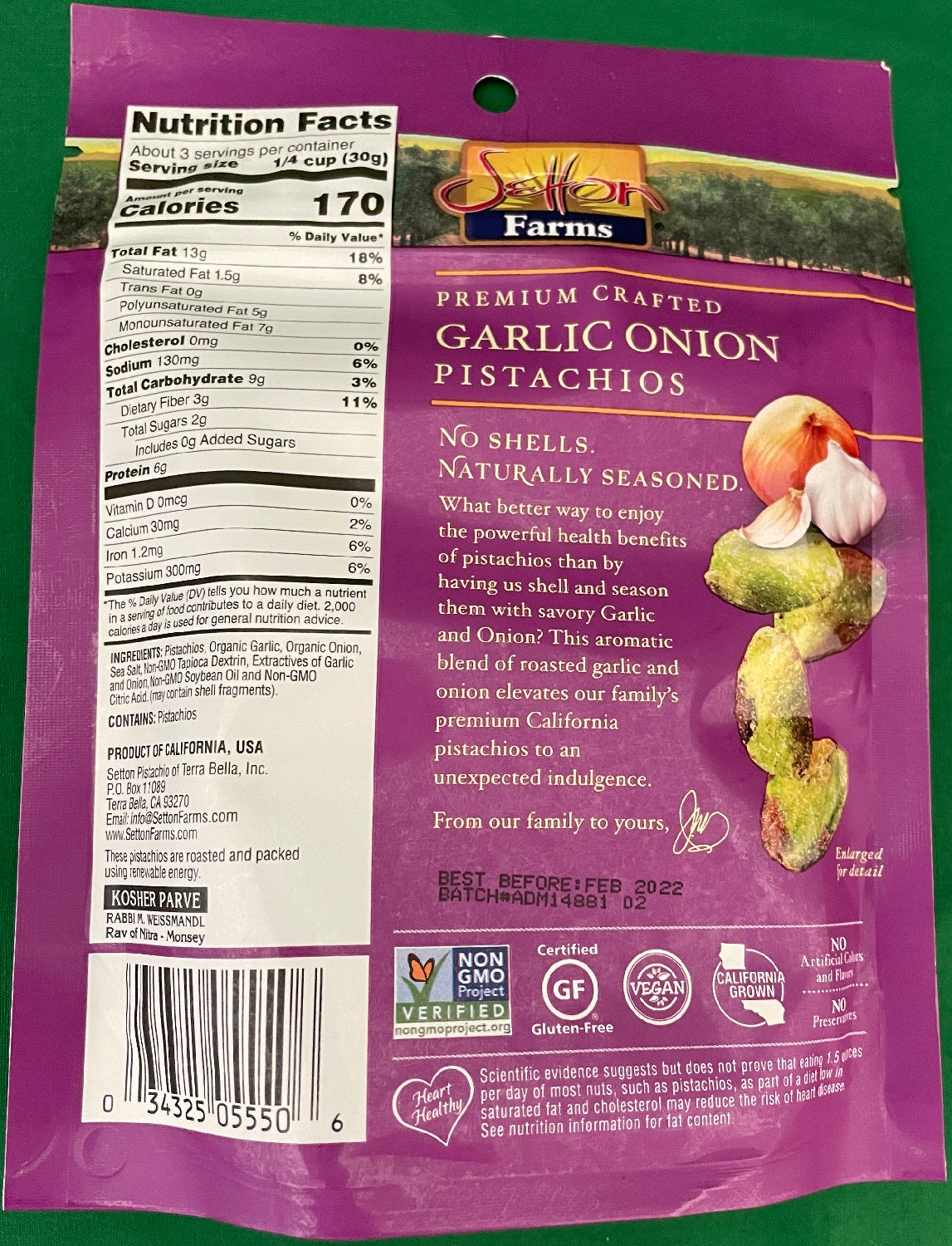 Setton Farms Pistachios Garlic Onion Kernels 3 oz