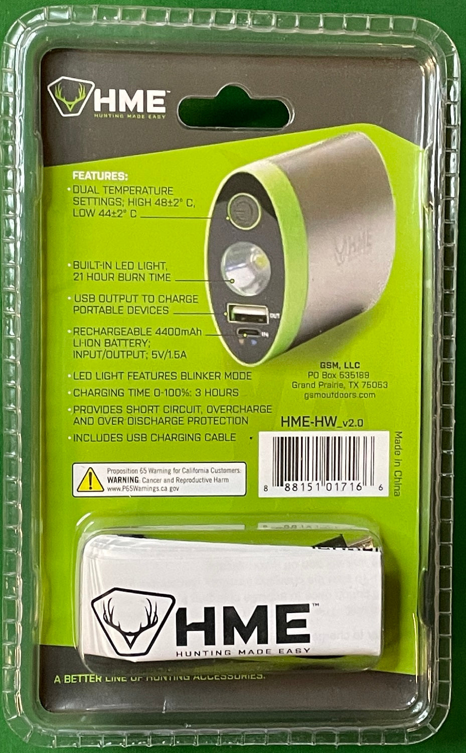 HME Hand Warmer w/4400 mAh Battery & Flashlight HME-HW