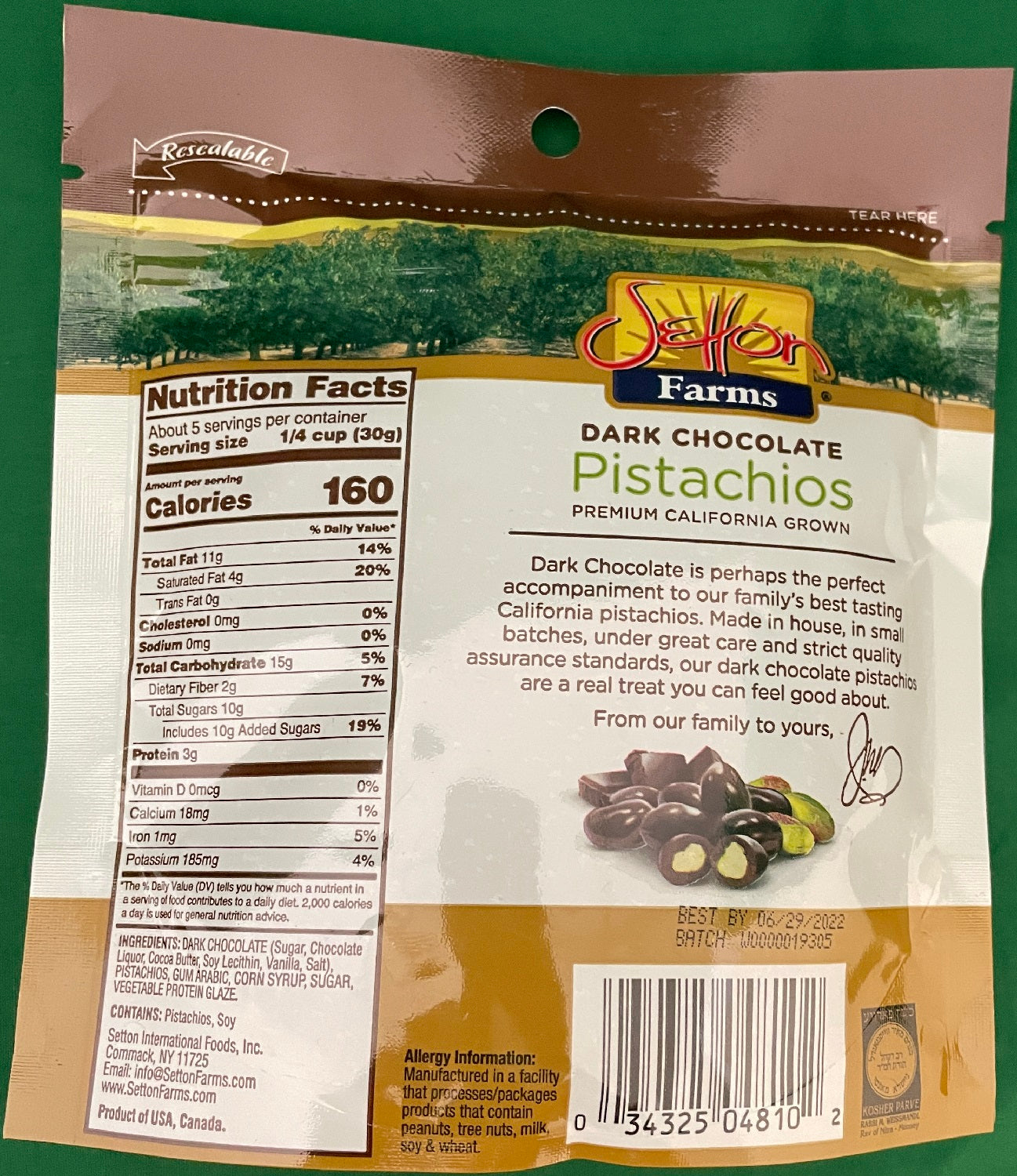 Setton Farms Dark Chocolate Covered Pistachio Kernels 5 oz
