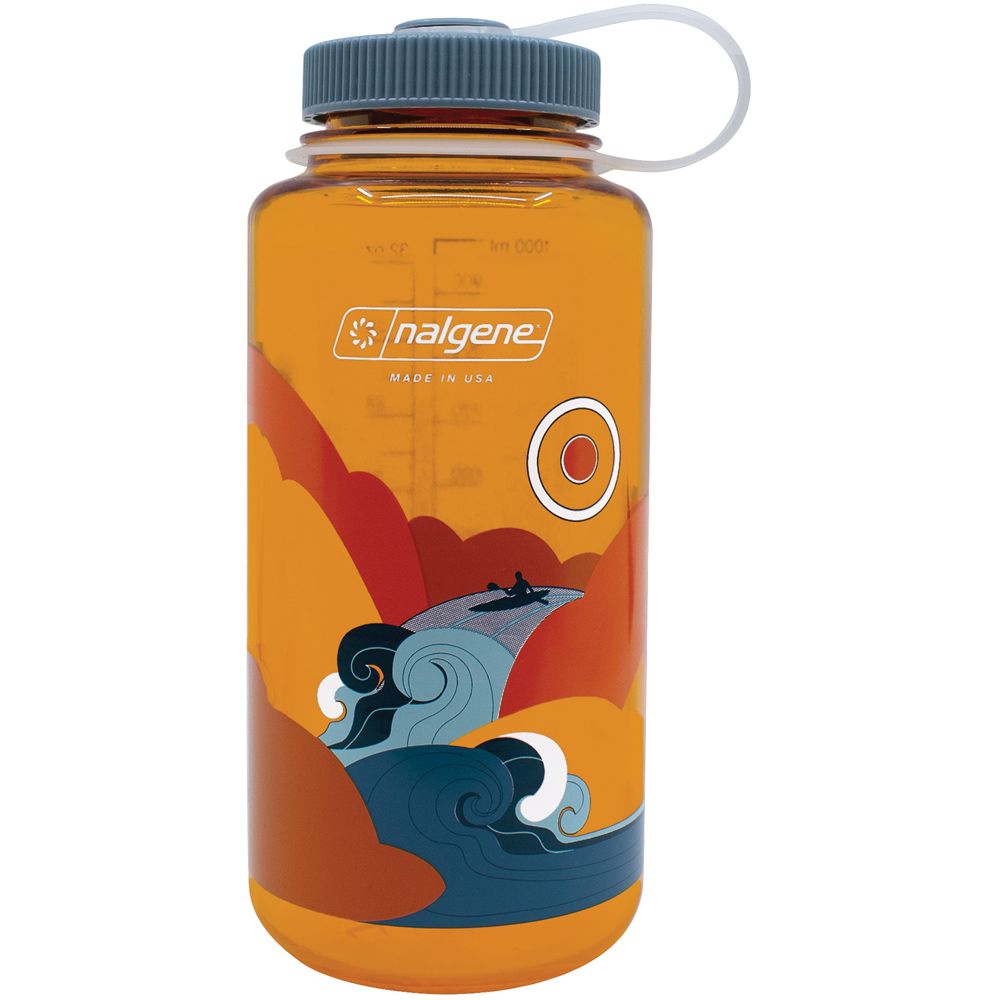 Nalgene Everyday Wide Mouth 32oz Loop Top Water Bottle Retro Kayaker w/Blue Lid
