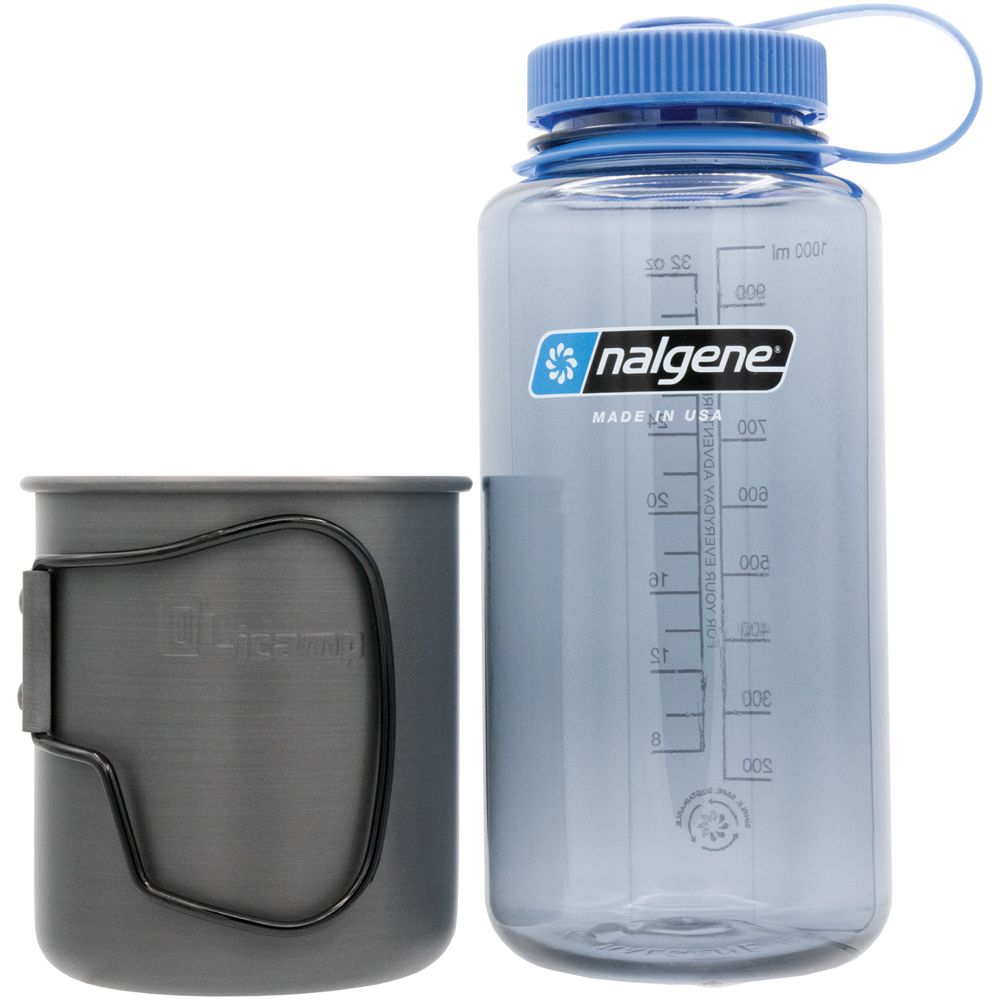 Olicamp Space Saver Mug Black & Nalgene 32oz Wide Mouth Gray/Blue Water Bottle Combo