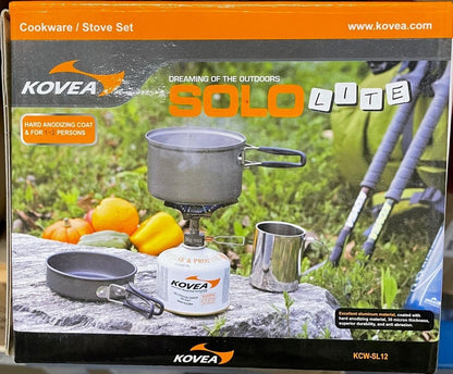 Kovea Solo Lite Hard Anodized Pot/Supalite Stove Set w/Fry Pan, Folding Handles