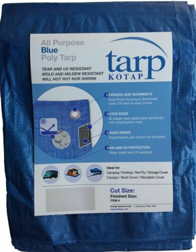 Kotap 10' x 12' UV Resistant Waterproof Blue Poly Tarp w/Grommets & Rope Hem