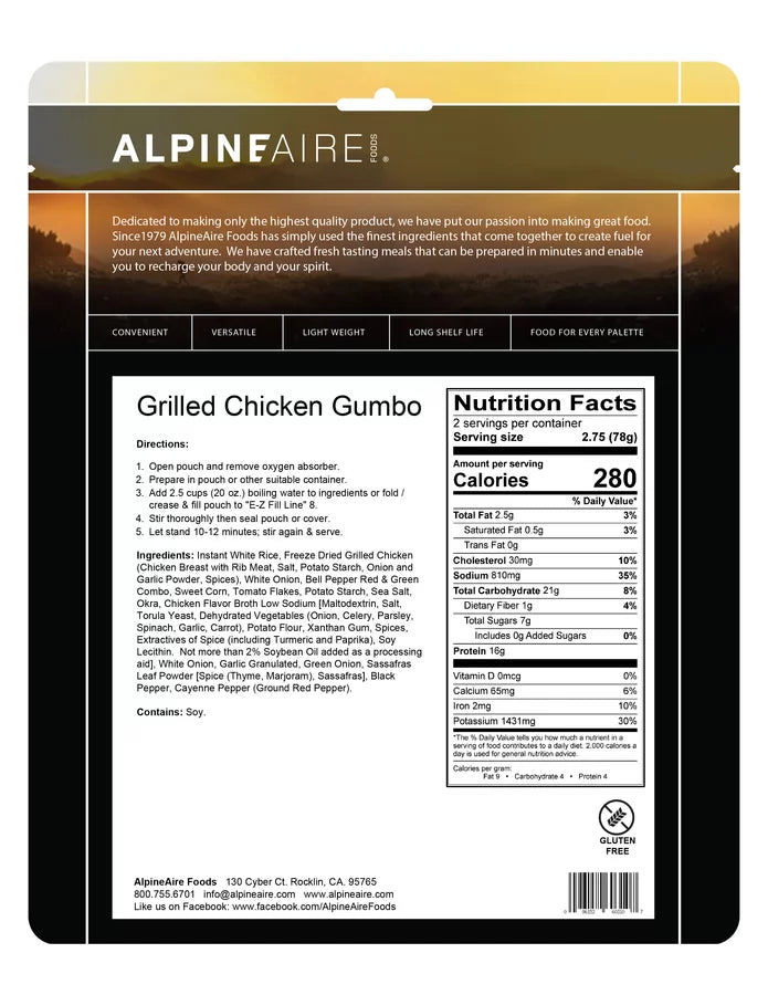 AlpineAire Grilled Chicken Gumbo Gluten-Free Freeze Dried Camp Food Pouch 60310