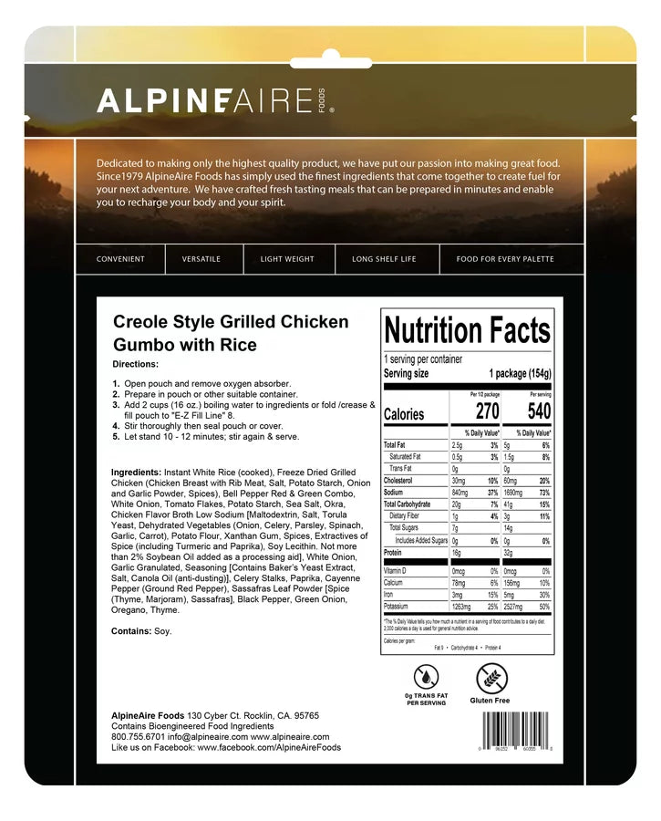 AlpineAire Creole Grilled Chicken Gumbo Freeze Dried Camping Food Pouch 60355