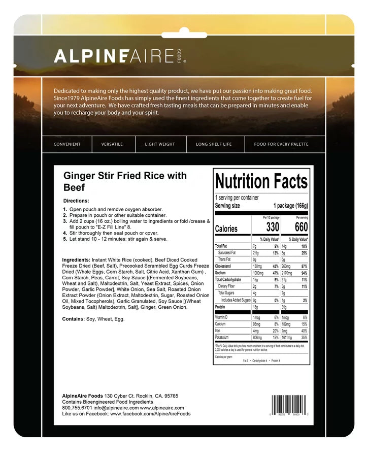 AlpineAire Ginger Stir Fried Rice w/Beef Freeze Dried Camping Food Pouch 60420