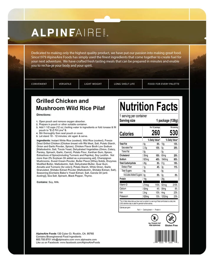 AlpineAire Grilled Chicken & Mushroom Rice Pilaf Freeze Dried Food Pouch 60350