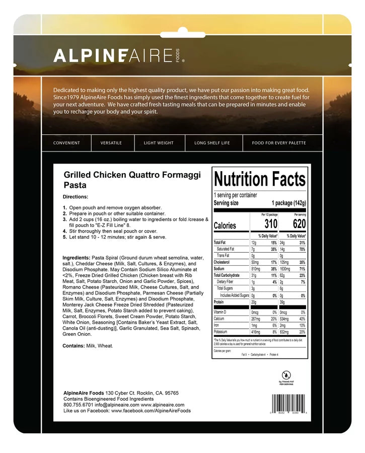 AlpineAire Grilled Chicken Quattro Formaggi Pasta Freeze Dried Food Pouch 60340