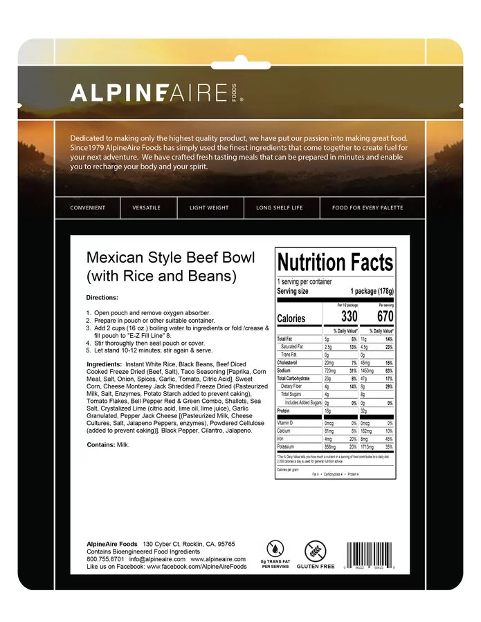 AlpineAire Mexican Style Beef Bowl w/Rice & Beans Freeze Dried Food Pouch 60415