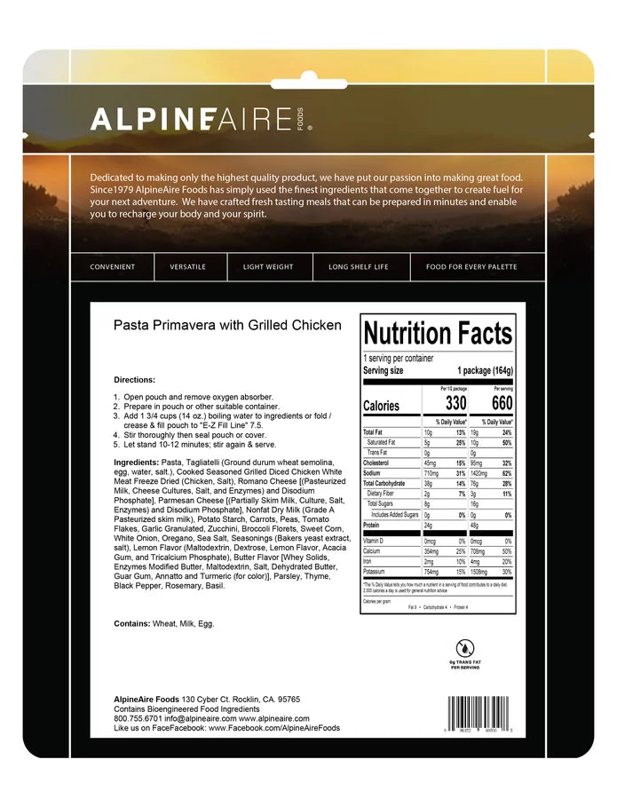 AlpineAire Pasta Primavera w/Grilled Chicken Freeze Dried Camp Food Pouch 60300