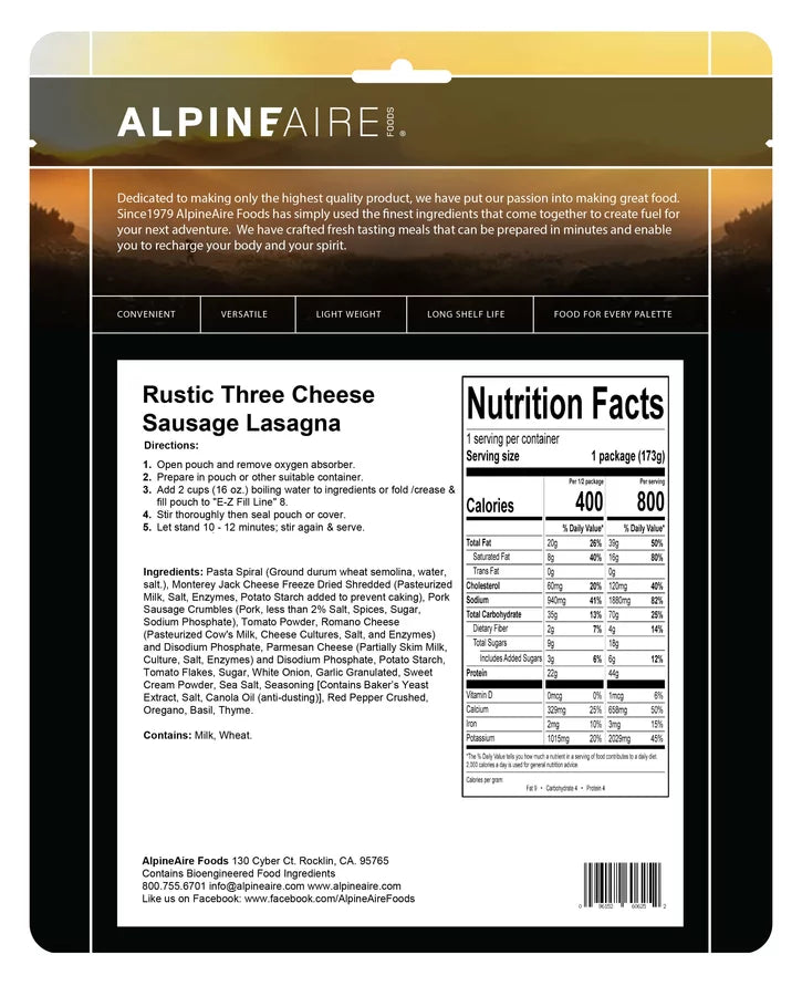 AlpineAire Rustic Three Cheese Sausage Lasagna Freeze Dried Camping Food 61625