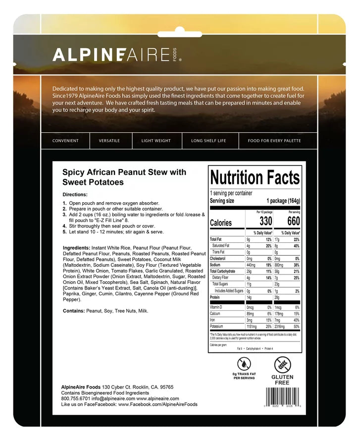 AlpineAire Spicy African Peanut Stew w/Sweet Potato Freeze Dried Camp Food 60135