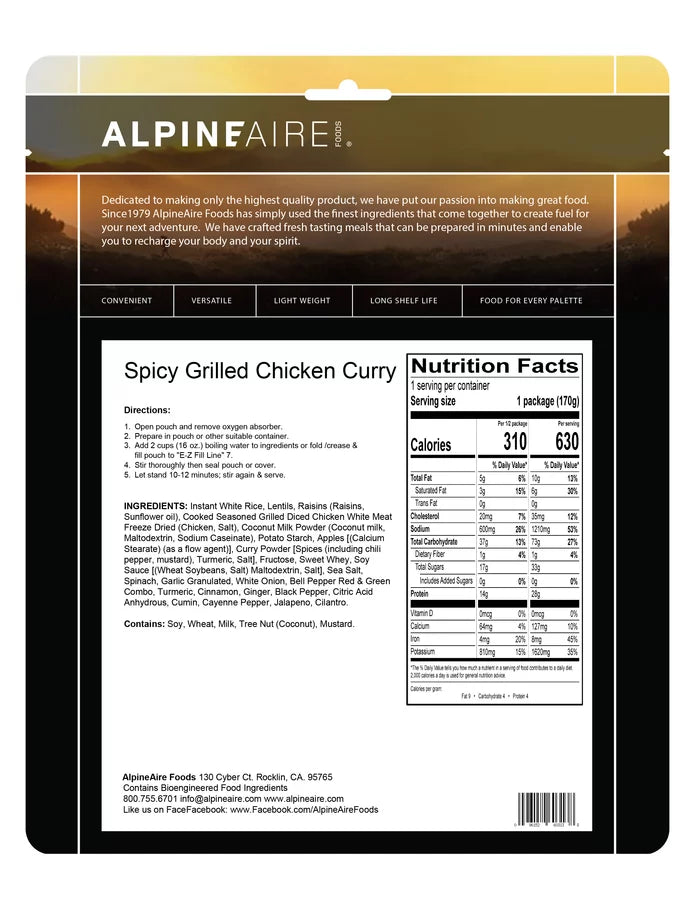 AlpineAire Spicy Grilled Chicken Curry Freeze Dried Camping Food Pouch 60313