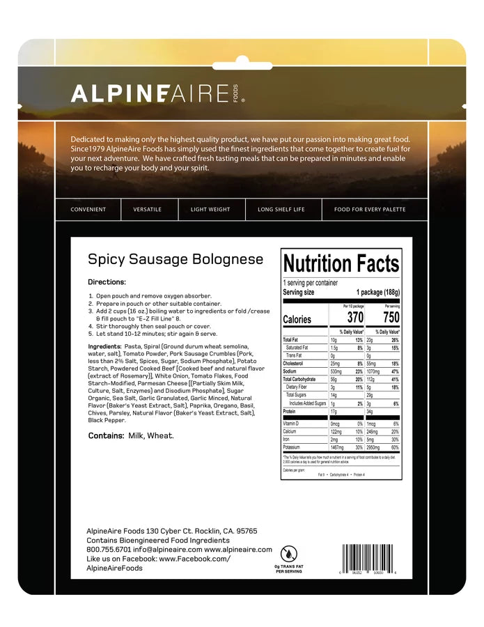 AlpineAire Spicy Pork Sausage Bolognese Freeze Dried Camping Food Pouch 60650