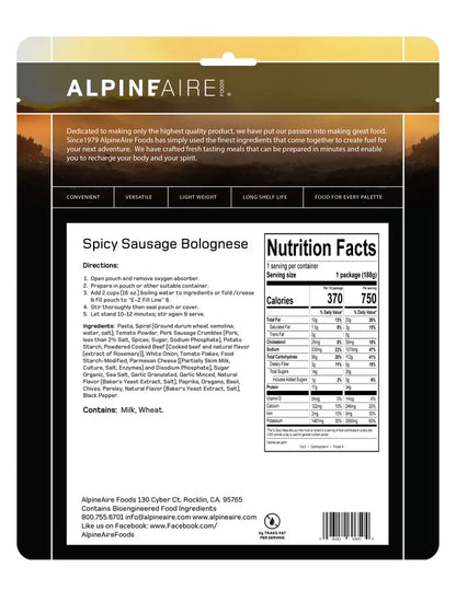 AlpineAire Spicy Pork Sausage Bolognese Freeze Dried Camping Food Pouch 60650