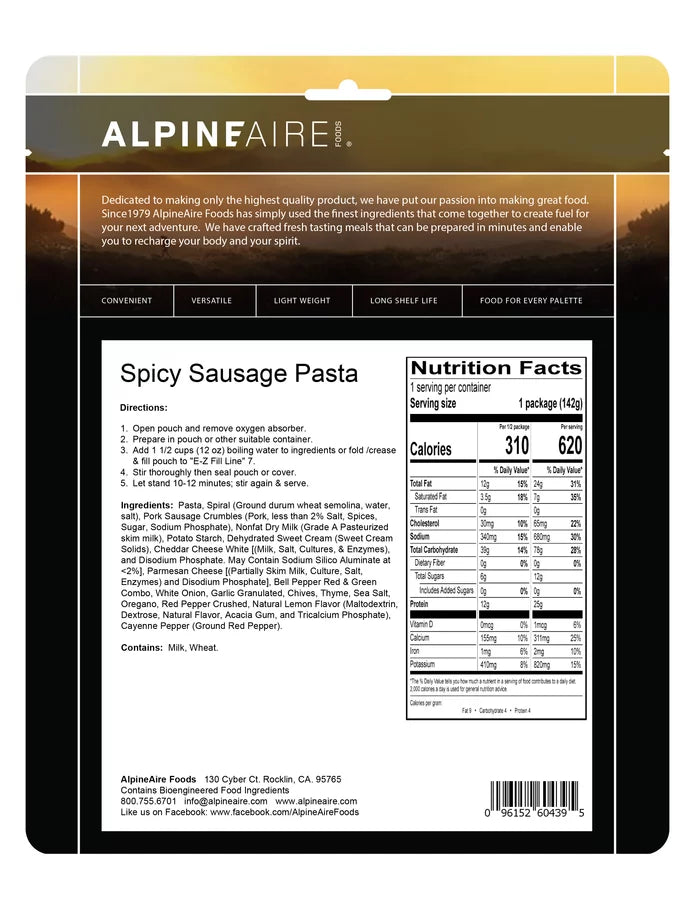 AlpineAire Spicy Pork Sausage Pasta Freeze Dried Camping Food Pouch 60439