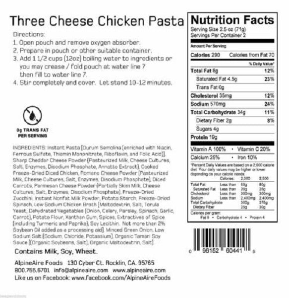 AlpineAire Three Cheese Chicken Pasta Freeze Dried Camping Food Pouch 60441