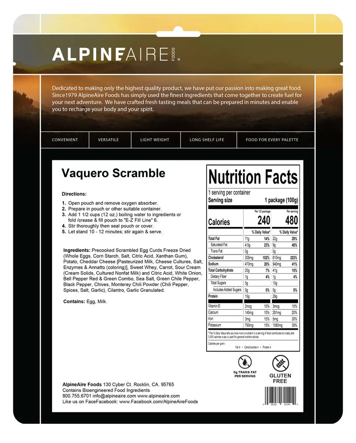 AlpineAire Vaquero Scramble w/Eggs & Potatoes Freeze Dried Camp Food Pouch 60140