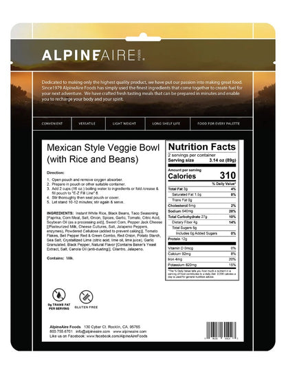 AlpineAire Mexican Style Veggie Bowl w/Rice & Beans Freeze Dried Camp Food 60110