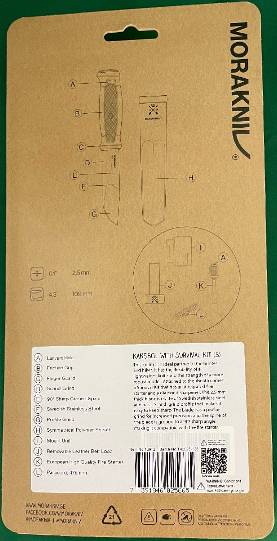 Morakniv Kansbol 4.3'' Stainless Blade Green Knife w/Sheath/Survival Kit M-13912