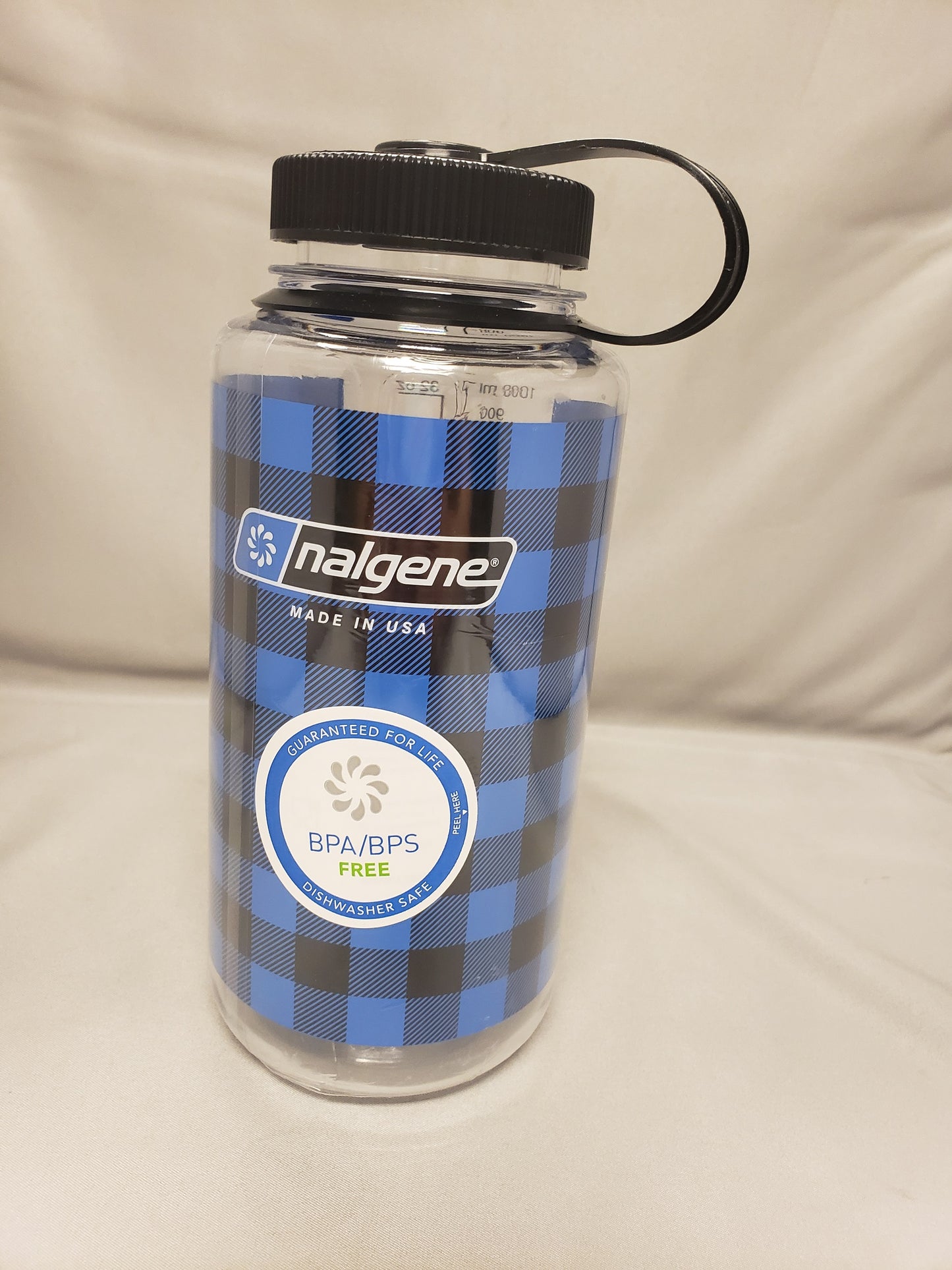 Nalgene Wide Mouth 32oz Bottle Blue Plaid with Black Cap