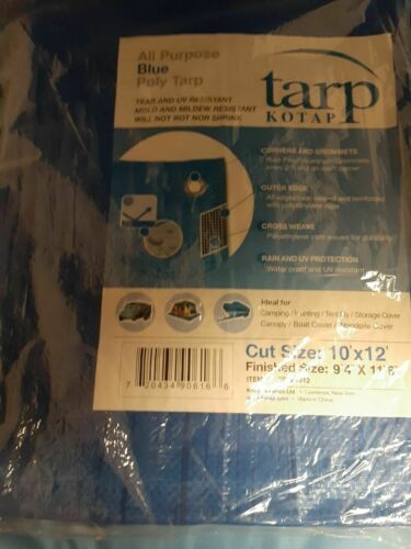 Kotap 10' x 12' UV Resistant Waterproof Blue Poly Tarp w/Grommets & Rope Hem