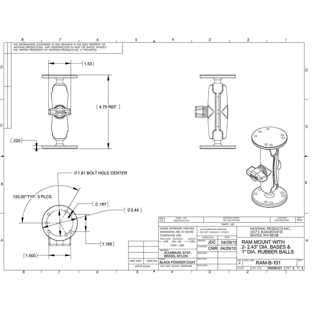 RAM Mount 1" Ball Light Use Surface Mount f/Garmin echo 100, 150, 300c [RAM-B-101-G4]