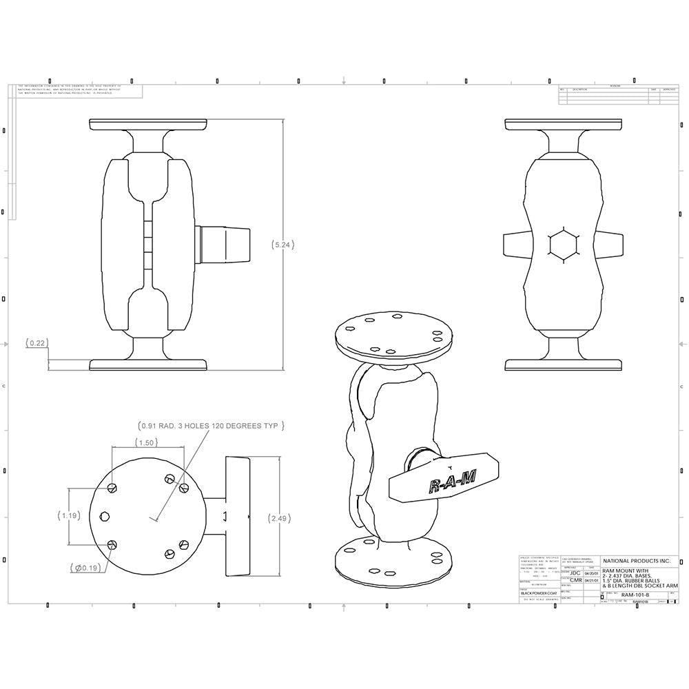 RAM Mount 1.5" Ball Mount w/Short Double Socket Arm & 2/2.5" Round Bases [RAM-101U-B]