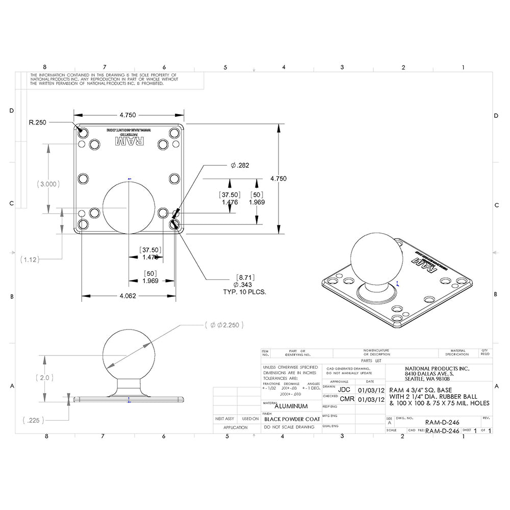 RAM Mount 100x100mm VESA Plate w/2.25" Ball [RAM-D-246U]