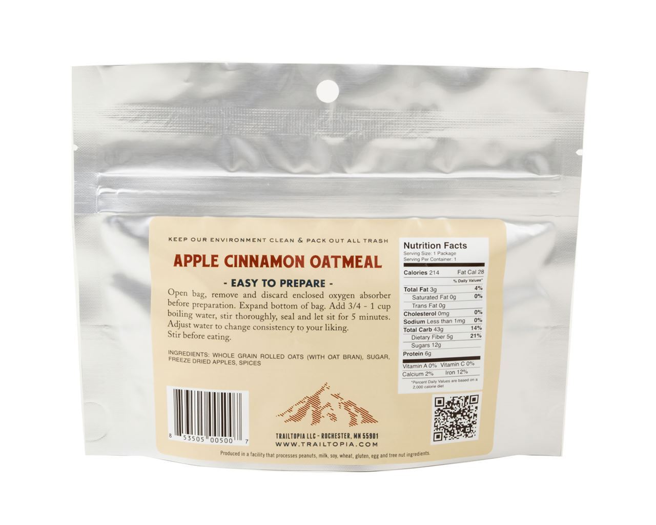 Trailtopia Apple Cinnamon Oatmeal 1 Serving