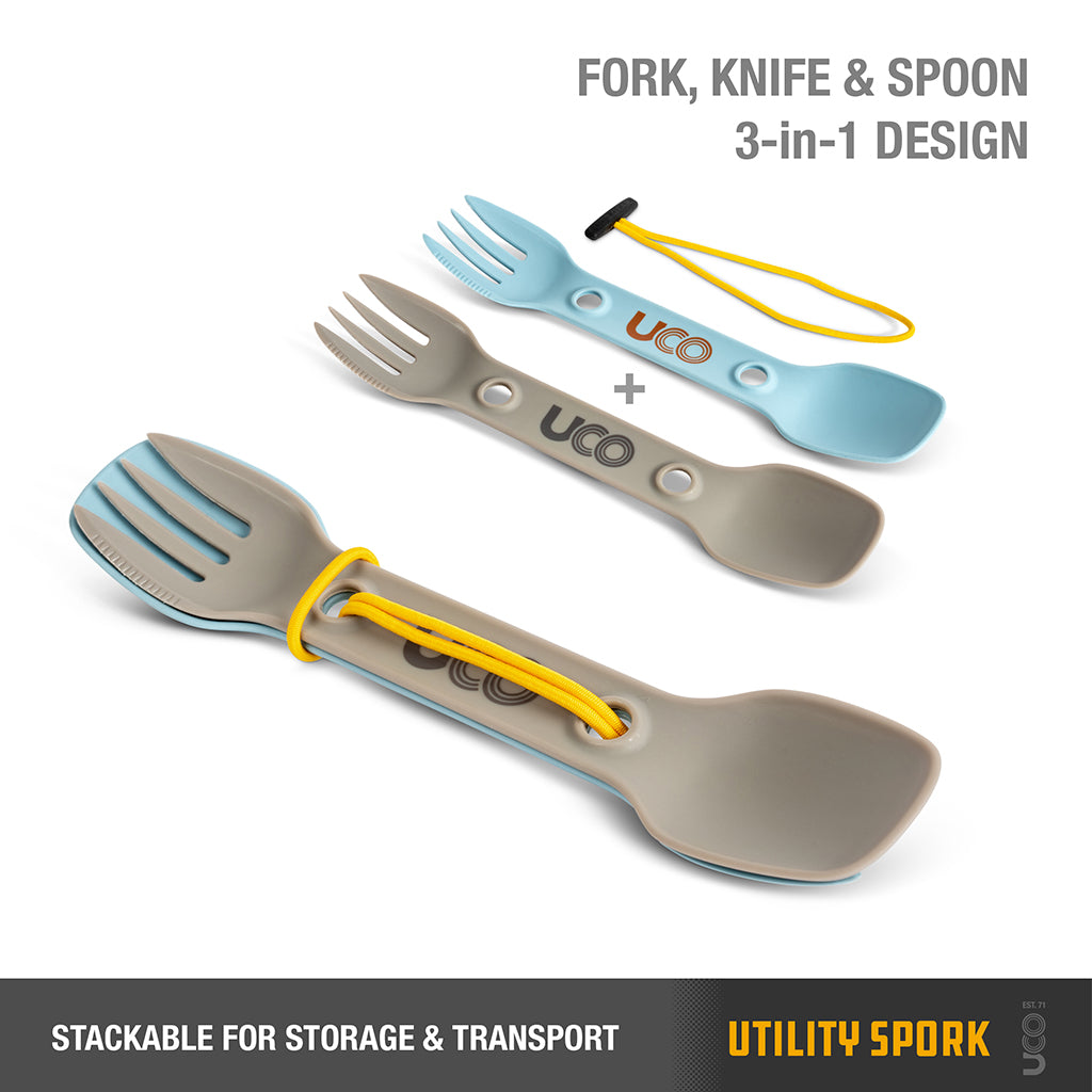 UCO Utility Spork Fork-Spoon-Knife Combo 7'' Utensil 2-Pack Stone Blue/Sand Stone