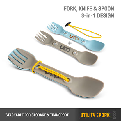 UCO Utility Spork Fork-Spoon-Knife Combo 7'' Utensil 2-Pack Stone Blue/Sand Stone