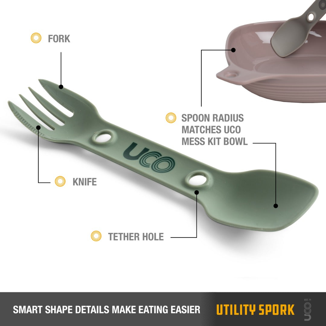 UCO Utility Spork Fork-Spoon-Knife Combo 7'' Utensil Camp Green F-SP-UT-BULK