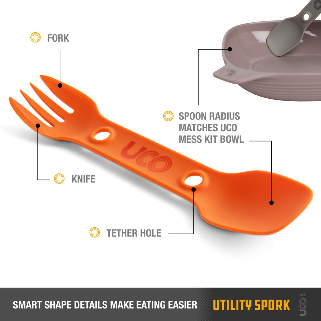 UCO Utility Spork Fork-Spoon-Knife Combo 7'' Utensil Ember Orange F-SP-UT-BULK