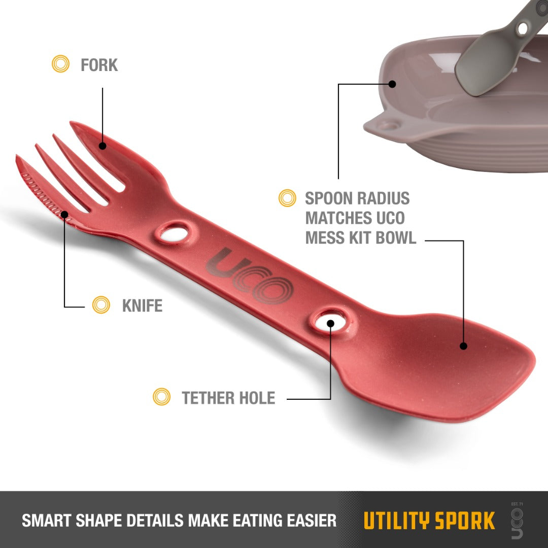 UCO Utility Spork Fork-Spoon-Knife Combo 7'' Utensil Picante Red F-SP-UT-BULK